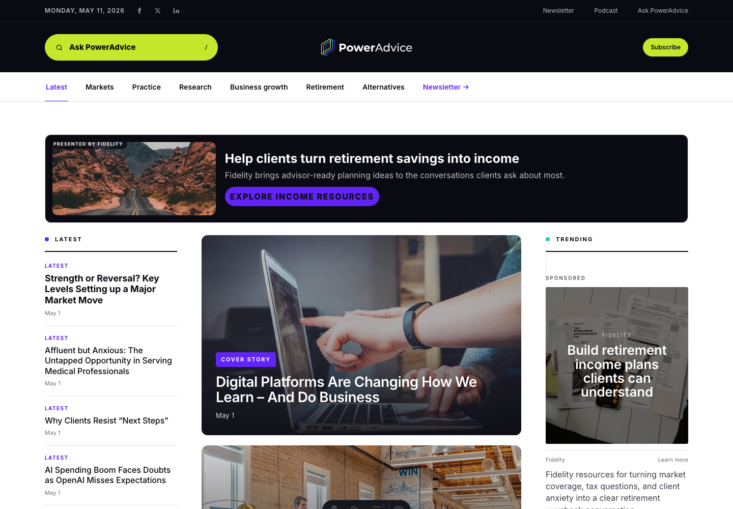 PowerAdvice homepage with live article rails