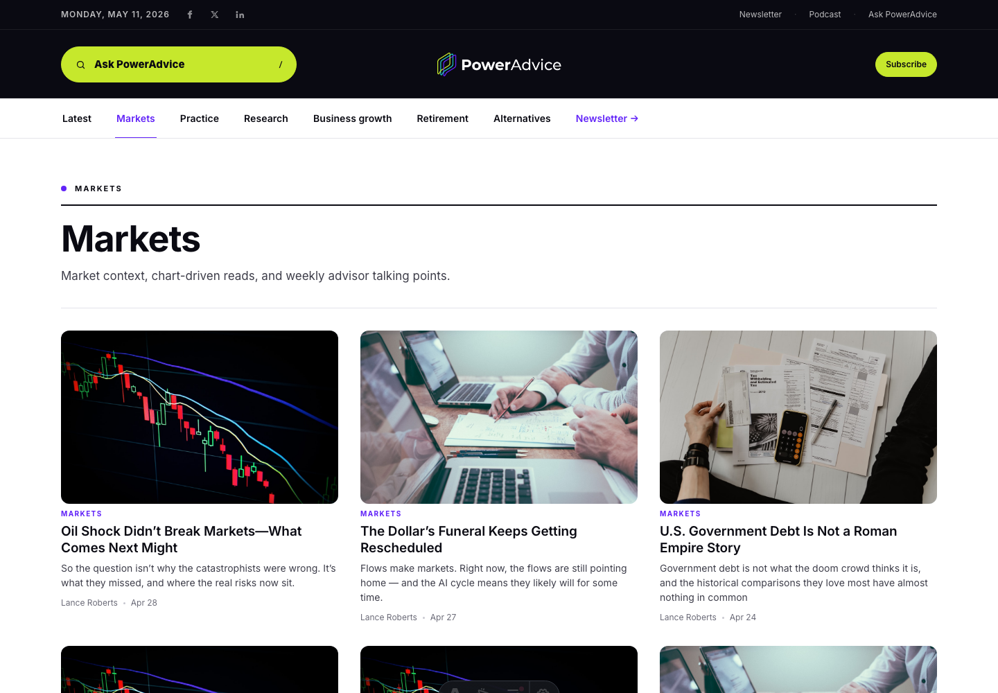 Markets channel page with article grid
